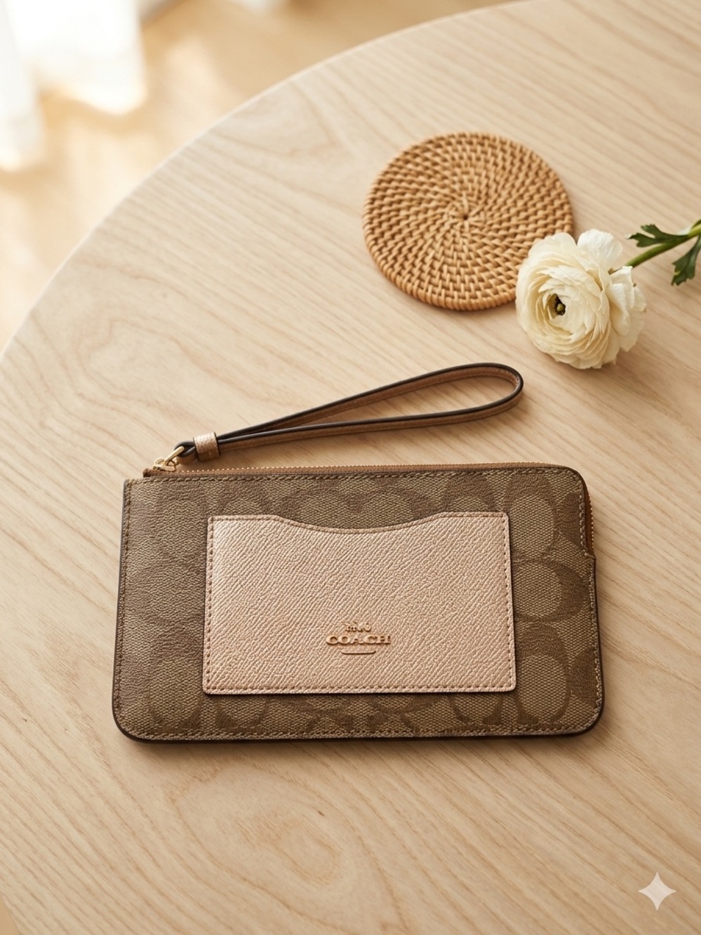 New Coach Brown Signature Wristlet with Metallic Rose Gold Card Pocket